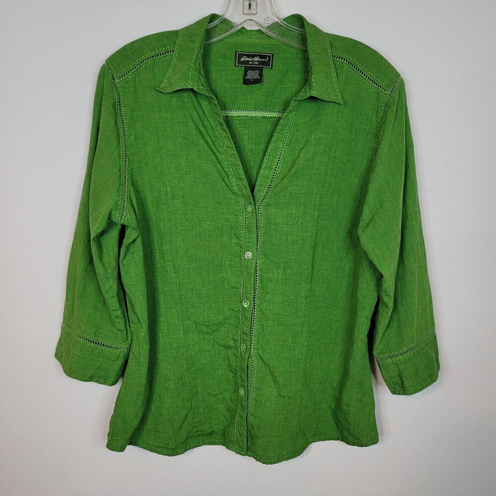 Eddie Bauer 100% Linen Top Womens L Green Button-Up Hemstitch Lace Preppy Luxury